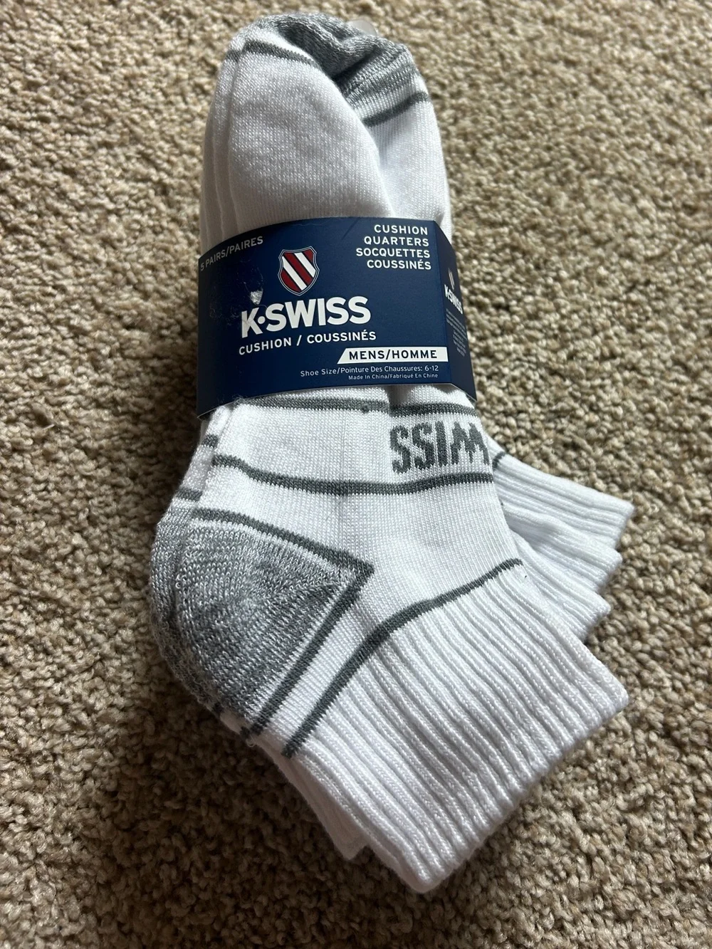 K-Swiss Men's Cushion Low Cut Athletic Socks 5 Pair White Gray Shoe Size 6-12